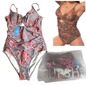 NEW Cupshe SWIMSUIT Womens LG One Piece Tummy Control V Neck Twist Cutout Ruched